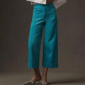 Anthropologie Maeve The Colette Cropped Cord Wide Leg Trousers Turquoise Blue